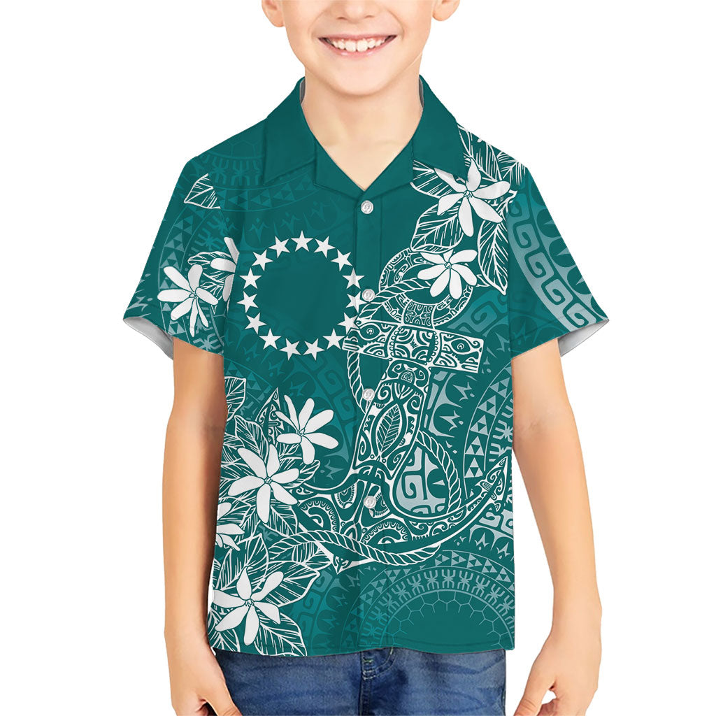 Teal Kuki Airani Tapakau Family Matching Tank Maxi Dress and Hawaiian Shirt Tribal Anchor Mix Tiare LT7 Son's Shirt Teal - Polynesian Pride