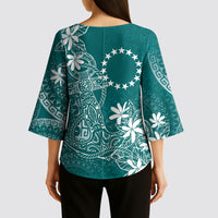 Teal Kuki Airani Tapakau Kimono Sleeve Blouse Tribal Anchor Mix Tiare
