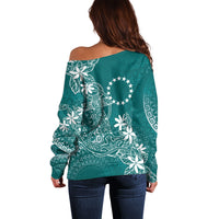 Teal Kuki Airani Tapakau Off Shoulder Sweater Tribal Anchor Mix Tiare