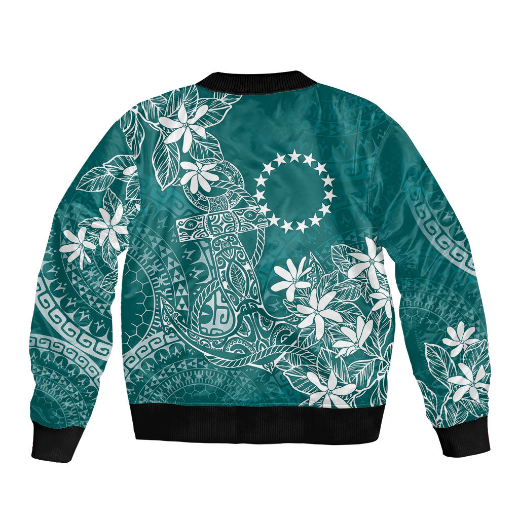 Teal Kuki Airani Tapakau Sleeve Zip Bomber Jacket Tribal Anchor Mix Tiare