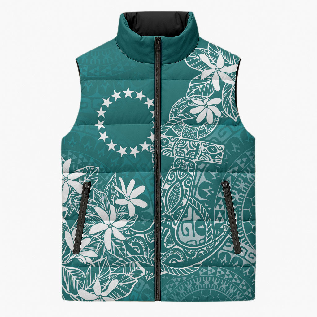 Teal Kuki Airani Tapakau Sleeveless Puffer Jacket Tribal Anchor Mix Tiare