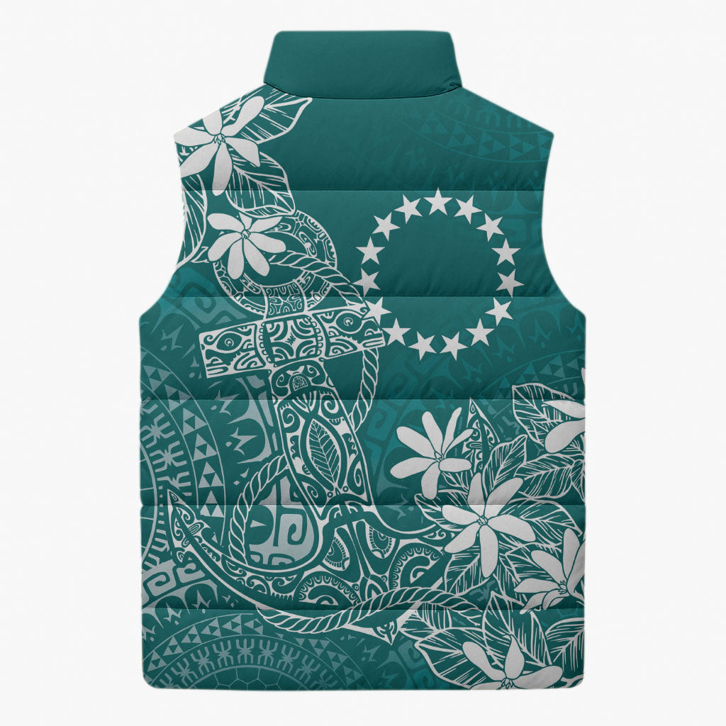 Teal Kuki Airani Tapakau Sleeveless Puffer Jacket Tribal Anchor Mix Tiare