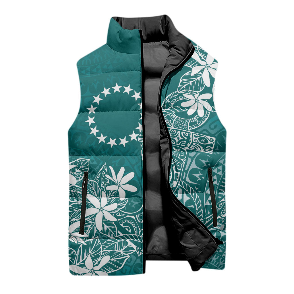 Teal Kuki Airani Tapakau Sleeveless Puffer Jacket Tribal Anchor Mix Tiare