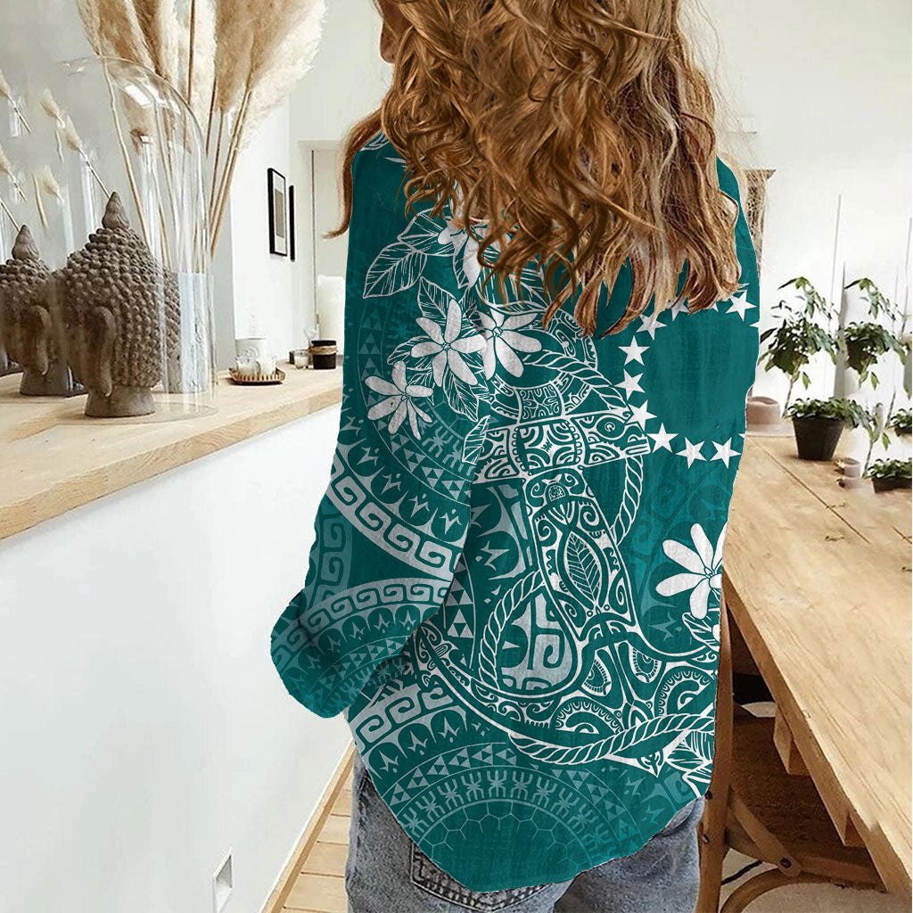 Teal Kuki Airani Tapakau Women Casual Shirt Tribal Anchor Mix Tiare LT7 - Polynesian Pride