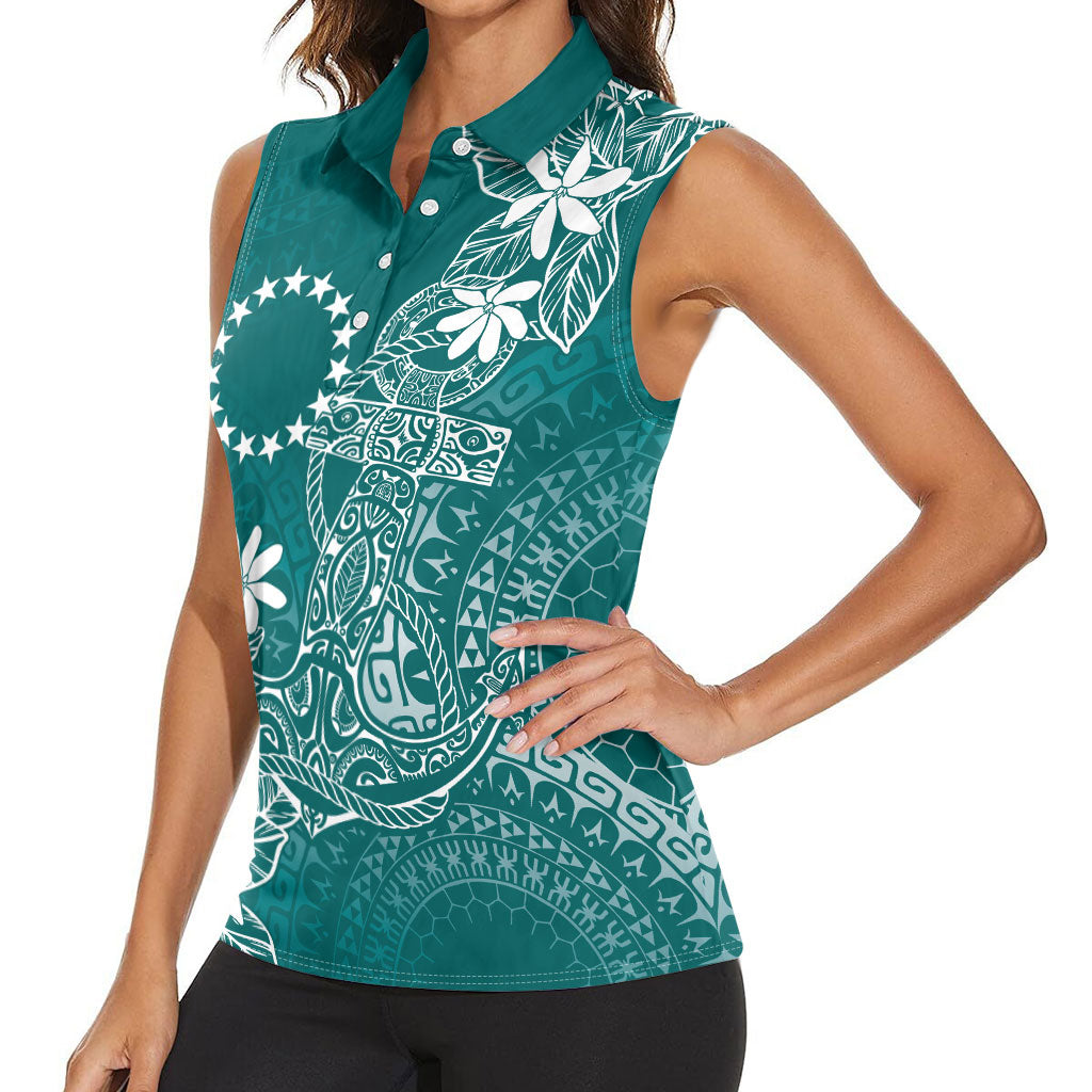 Teal Kuki Airani Tapakau Women Sleeveless Polo Shirt Tribal Anchor Mix Tiare LT7 - Polynesian Pride