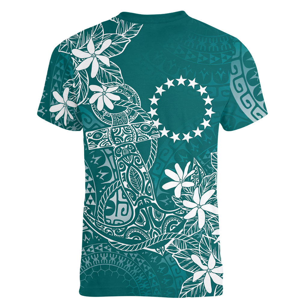 Teal Kuki Airani Tapakau Women V-Neck T-Shirt Tribal Anchor Mix Tiare LT7 - Polynesian Pride