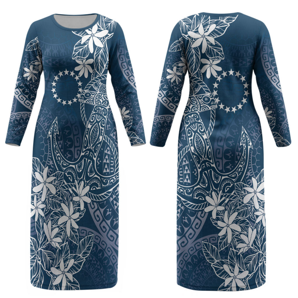 Navy Kuki Airani Tapakau Couples Matching Long Sleeve Bodycon Dress and Hawaiian Shirt Tribal Anchor Mix Tiare LT7 - Polynesian Pride
