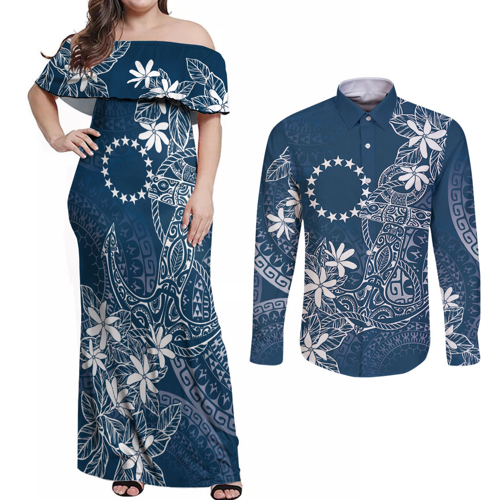 Navy Kuki Airani Tapakau Couples Matching Off Shoulder Maxi Dress and Long Sleeve Button Shirt Tribal Anchor Mix Tiare