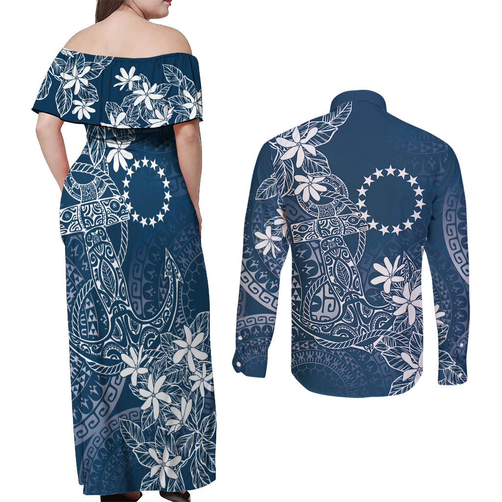 Navy Kuki Airani Tapakau Couples Matching Off Shoulder Maxi Dress and Long Sleeve Button Shirt Tribal Anchor Mix Tiare