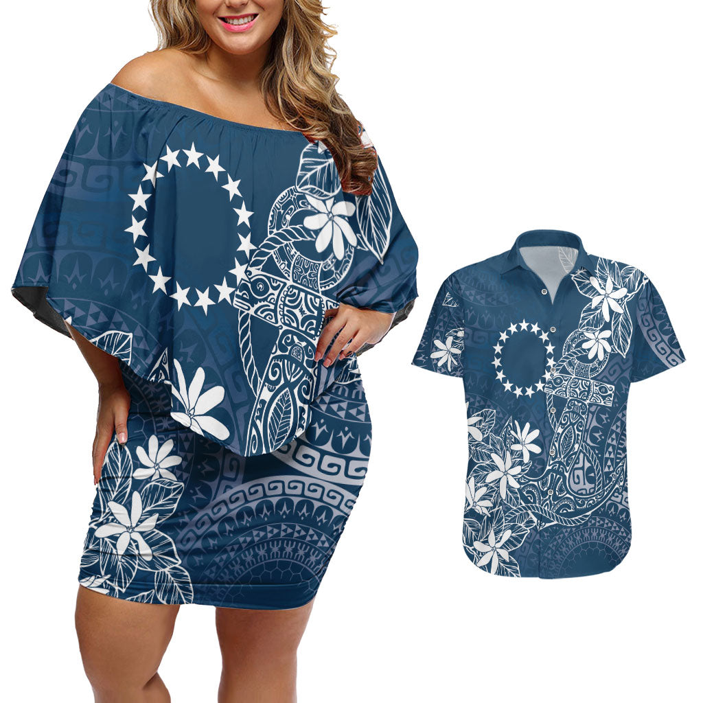 Navy Kuki Airani Tapakau Couples Matching Off Shoulder Short Dress and Hawaiian Shirt Tribal Anchor Mix Tiare LT7 Navy - Polynesian Pride