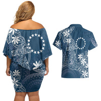 Navy Kuki Airani Tapakau Couples Matching Off Shoulder Short Dress and Hawaiian Shirt Tribal Anchor Mix Tiare LT7 - Polynesian Pride