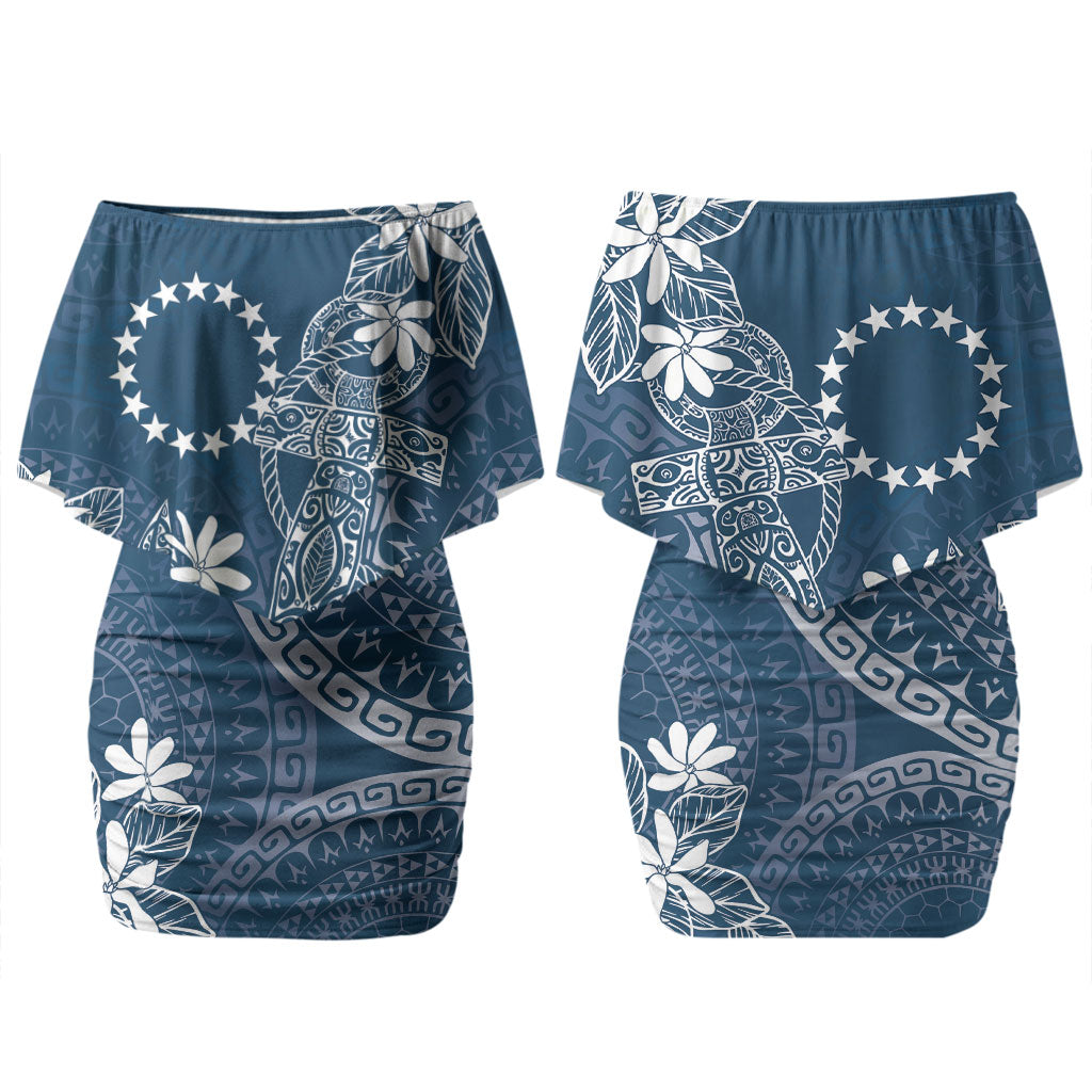 Navy Kuki Airani Tapakau Couples Matching Off Shoulder Short Dress and Long Sleeve Button Shirt Tribal Anchor Mix Tiare LT7 - Polynesian Pride