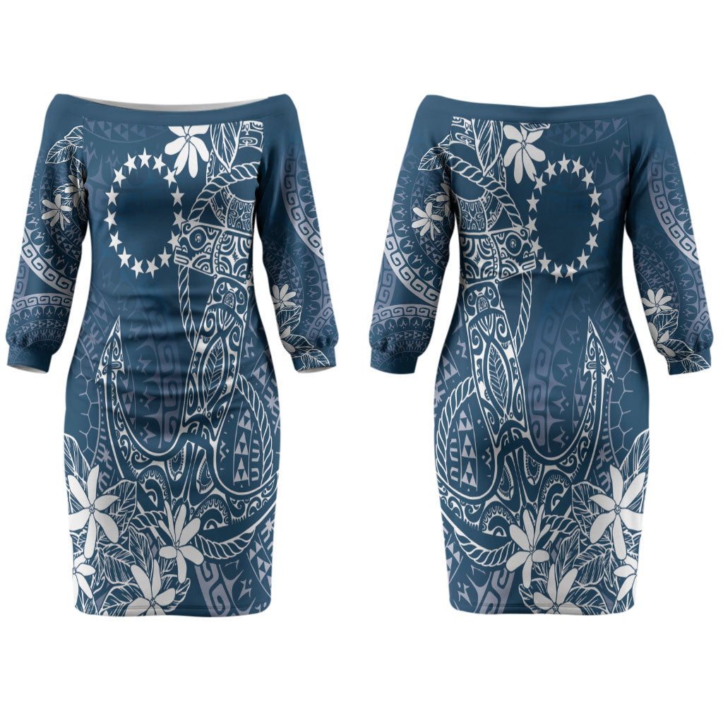 Navy Kuki Airani Tapakau Couples Matching Off The Shoulder Long Sleeve Dress and Hawaiian Shirt Tribal Anchor Mix Tiare LT7 - Polynesian Pride