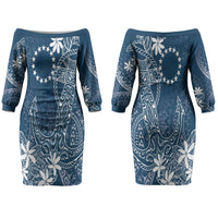 Navy Kuki Airani Tapakau Couples Matching Off The Shoulder Long Sleeve Dress and Hawaiian Shirt Tribal Anchor Mix Tiare LT7 - Polynesian Pride
