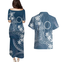 Navy Kuki Airani Tapakau Couples Matching Puletasi and Hawaiian Shirt Tribal Anchor Mix Tiare