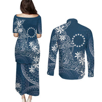 Navy Kuki Airani Tapakau Couples Matching Puletasi and Long Sleeve Button Shirt Tribal Anchor Mix Tiare