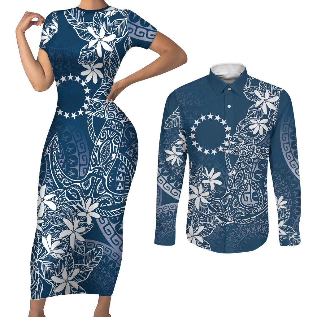 Navy Kuki Airani Tapakau Couples Matching Short Sleeve Bodycon Dress and Long Sleeve Button Shirt Tribal Anchor Mix Tiare