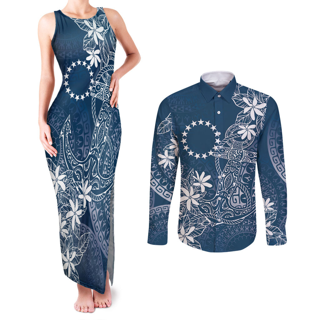 Navy Kuki Airani Tapakau Couples Matching Tank Maxi Dress and Long Sleeve Button Shirt Tribal Anchor Mix Tiare LT7 Navy - Polynesian Pride