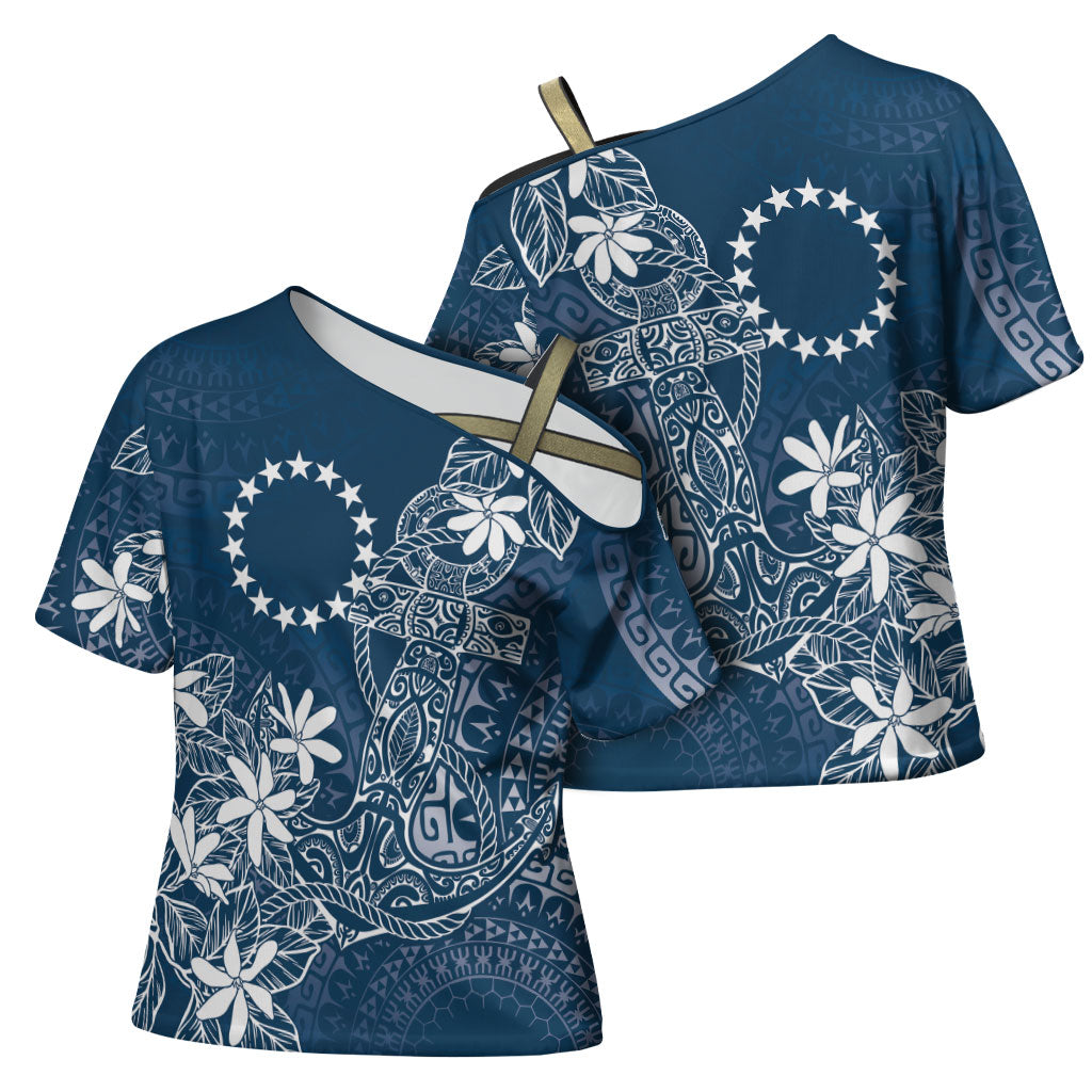 Navy Kuki Airani Tapakau Cross Shoulder Shirt Tribal Anchor Mix Tiare