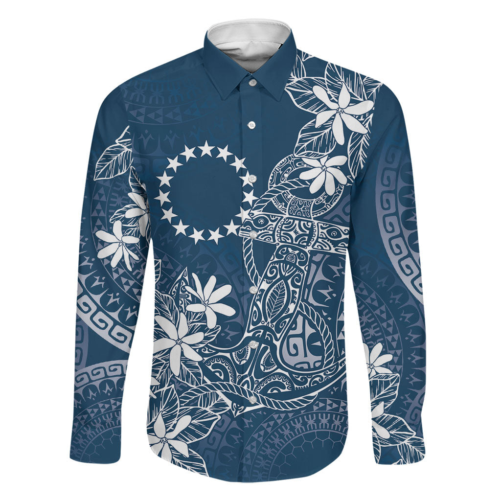 Navy Kuki Airani Tapakau Family Matching Tank Maxi Dress and Hawaiian Shirt Tribal Anchor Mix Tiare LT7 Dad's Shirt - Long Sleeve Navy - Polynesian Pride
