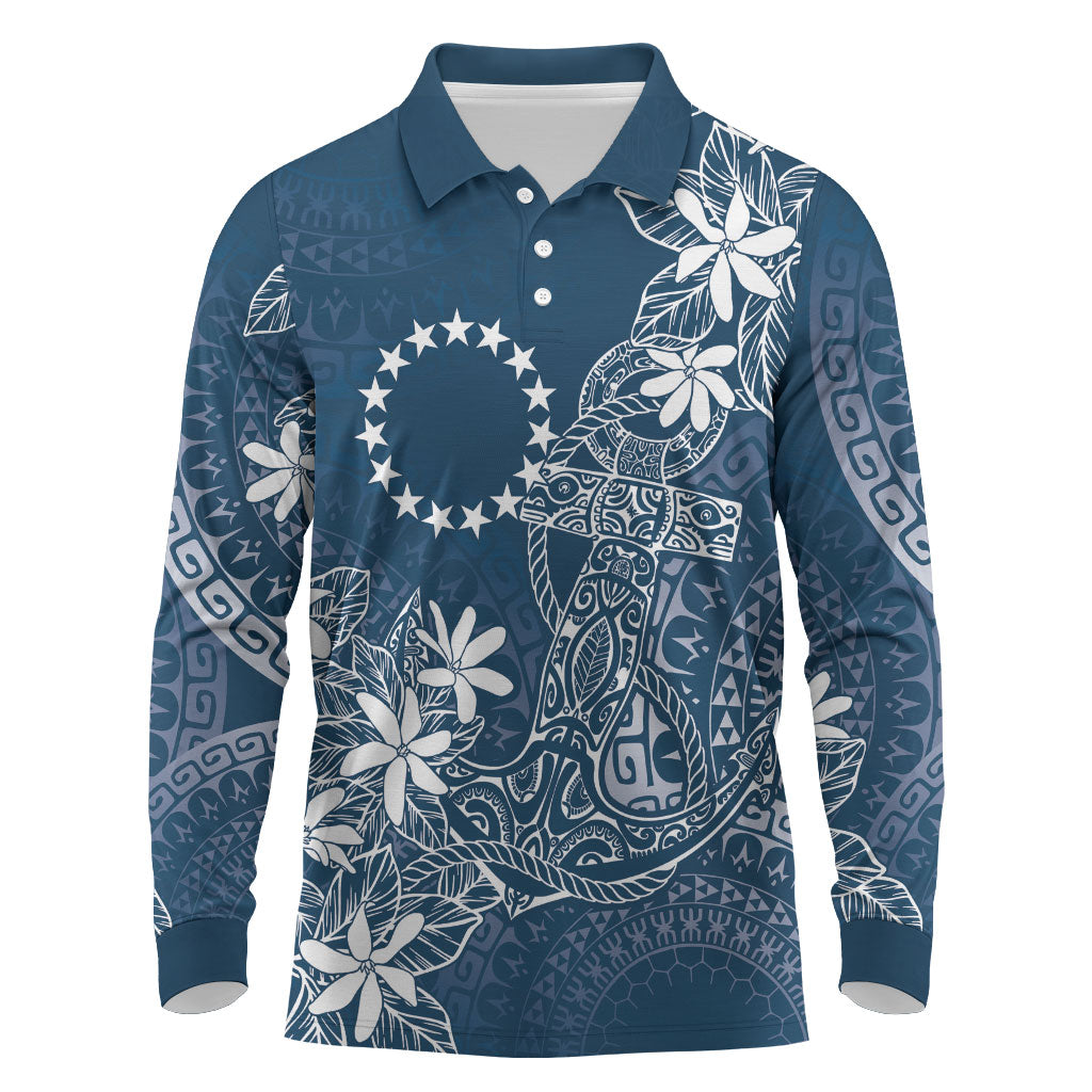 Navy Kuki Airani Tapakau Long Sleeve Polo Shirt Tribal Anchor Mix Tiare
