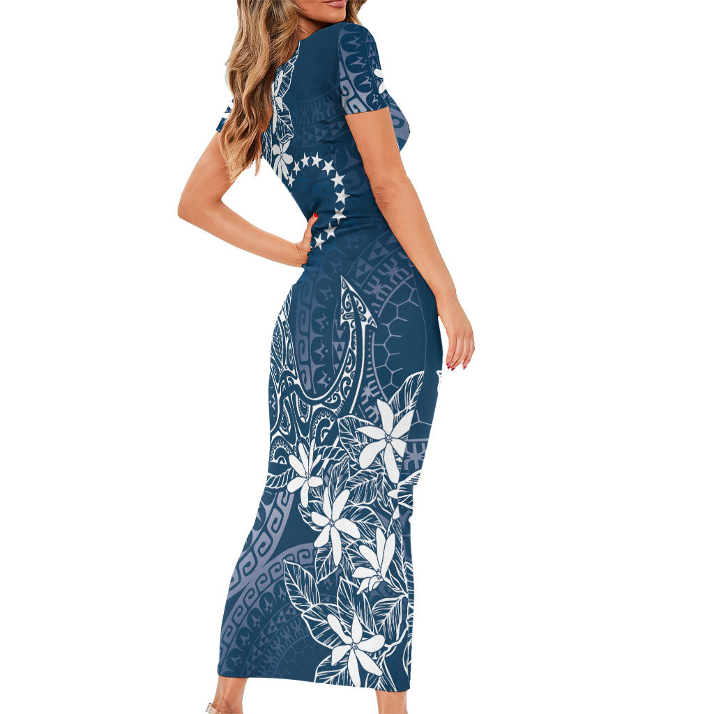 Navy Kuki Airani Tapakau Short Sleeve Bodycon Dress Tribal Anchor Mix Tiare