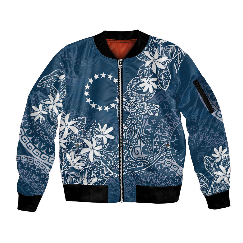 Navy Kuki Airani Tapakau Sleeve Zip Bomber Jacket Tribal Anchor Mix Tiare