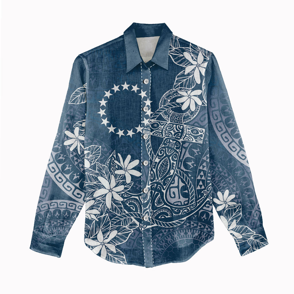 Navy Kuki Airani Tapakau Women Casual Shirt Tribal Anchor Mix Tiare