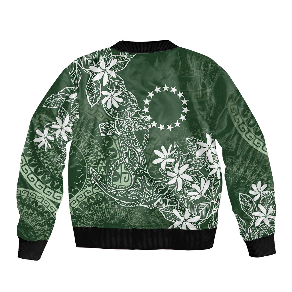 Sage Green Kuki Airani Tapakau Bomber Jacket Tribal Anchor Mix Tiare