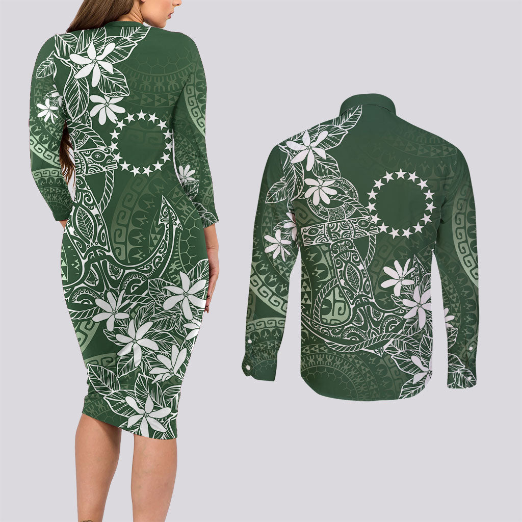 Sage Green Kuki Airani Tapakau Couples Matching Long Sleeve Bodycon Dress and Long Sleeve Button Shirt Tribal Anchor Mix Tiare LT7 - Polynesian Pride