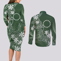 Sage Green Kuki Airani Tapakau Couples Matching Long Sleeve Bodycon Dress and Long Sleeve Button Shirt Tribal Anchor Mix Tiare LT7 - Polynesian Pride