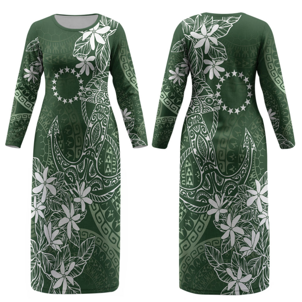 Sage Green Kuki Airani Tapakau Couples Matching Long Sleeve Bodycon Dress and Long Sleeve Button Shirt Tribal Anchor Mix Tiare LT7 - Polynesian Pride