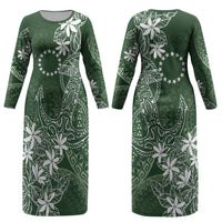 Sage Green Kuki Airani Tapakau Couples Matching Long Sleeve Bodycon Dress and Long Sleeve Button Shirt Tribal Anchor Mix Tiare LT7 - Polynesian Pride