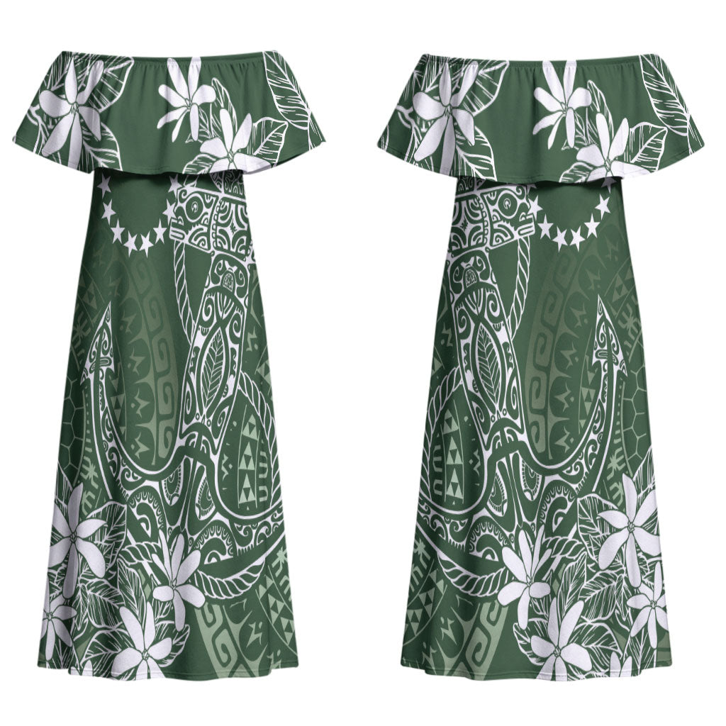 Sage Green Kuki Airani Tapakau Couples Matching Off Shoulder Maxi Dress and Hawaiian Shirt Tribal Anchor Mix Tiare LT7 - Polynesian Pride