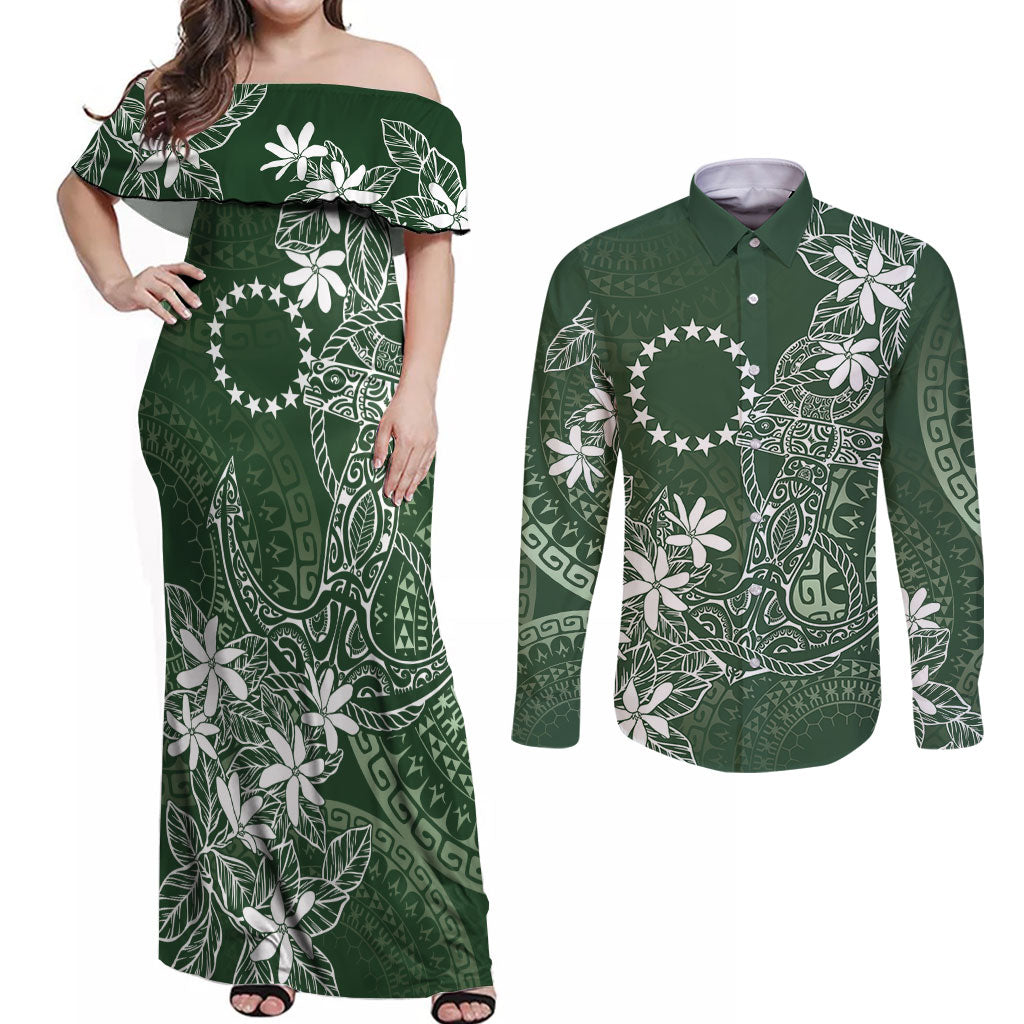 Sage Green Kuki Airani Tapakau Couples Matching Off Shoulder Maxi Dress and Long Sleeve Button Shirt Tribal Anchor Mix Tiare