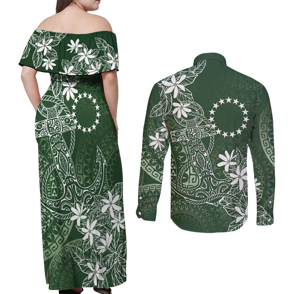 Sage Green Kuki Airani Tapakau Couples Matching Off Shoulder Maxi Dress and Long Sleeve Button Shirt Tribal Anchor Mix Tiare LT7 - Polynesian Pride