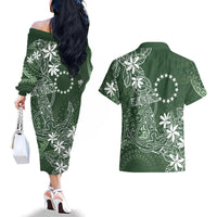 Sage Green Kuki Airani Tapakau Couples Matching Off The Shoulder Long Sleeve Dress and Hawaiian Shirt Tribal Anchor Mix Tiare LT7 - Polynesian Pride