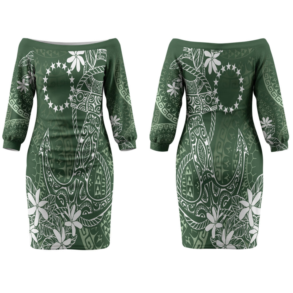 Sage Green Kuki Airani Tapakau Couples Matching Off The Shoulder Long Sleeve Dress and Long Sleeve Button Shirt Tribal Anchor Mix Tiare LT7 - Polynesian Pride