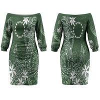 Sage Green Kuki Airani Tapakau Couples Matching Off The Shoulder Long Sleeve Dress and Long Sleeve Button Shirt Tribal Anchor Mix Tiare LT7 - Polynesian Pride