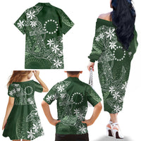 Sage Green Kuki Airani Tapakau Family Matching Off The Shoulder Long Sleeve Dress and Hawaiian Shirt Tribal Anchor Mix Tiare LT7 - Polynesian Pride