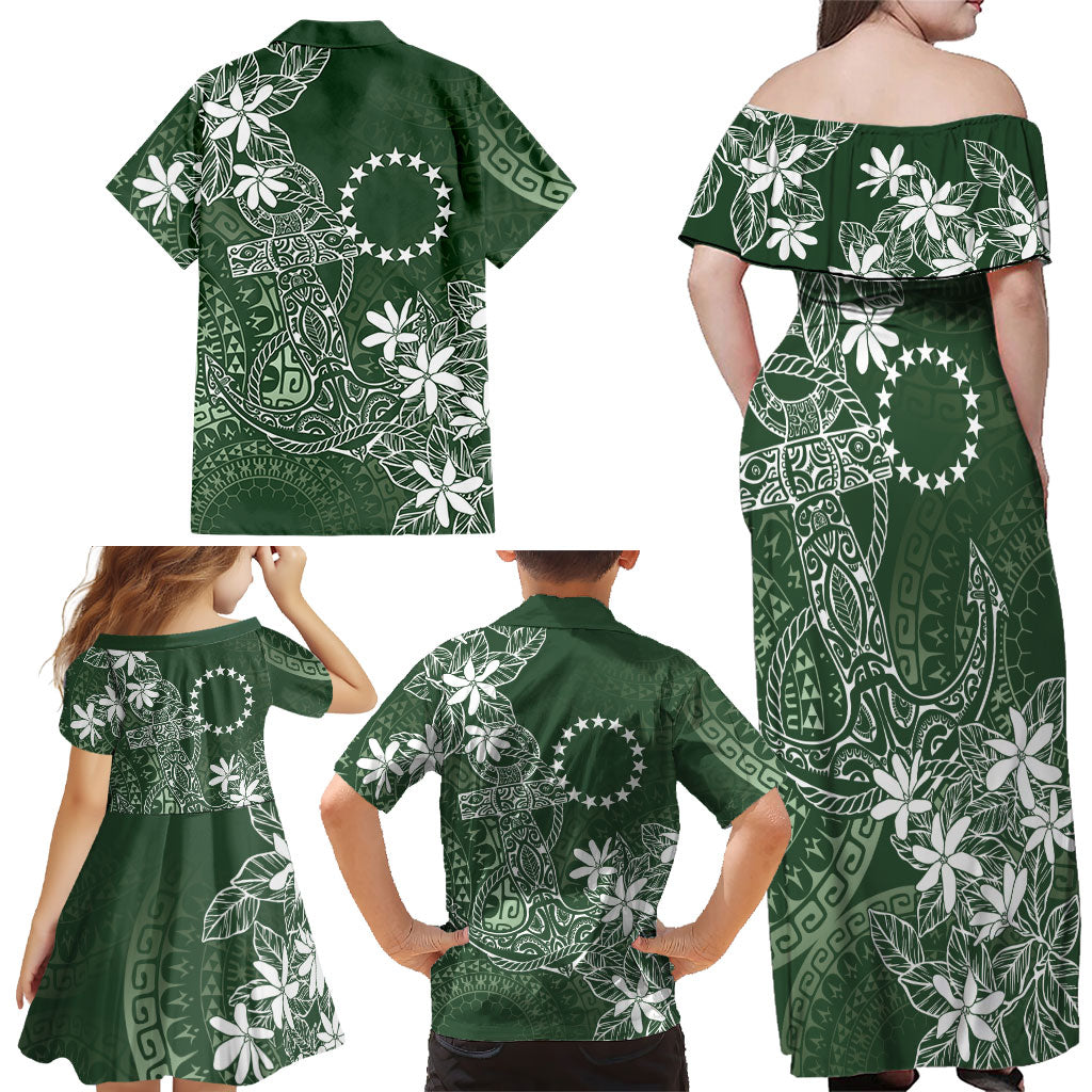 Sage Green Kuki Airani Tapakau Family Matching Off Shoulder Maxi Dress and Hawaiian Shirt Tribal Anchor Mix Tiare LT7 - Polynesian Pride