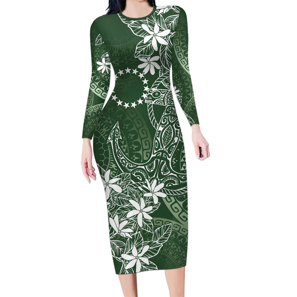 Sage Green Kuki Airani Tapakau Long Sleeve Bodycon Dress Tribal Anchor Mix Tiare LT7 Long Dress Sage Green - Polynesian Pride