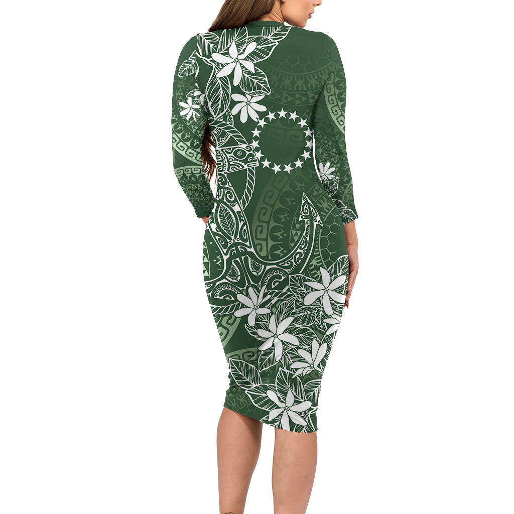Sage Green Kuki Airani Tapakau Long Sleeve Bodycon Dress Tribal Anchor Mix Tiare LT7 - Polynesian Pride