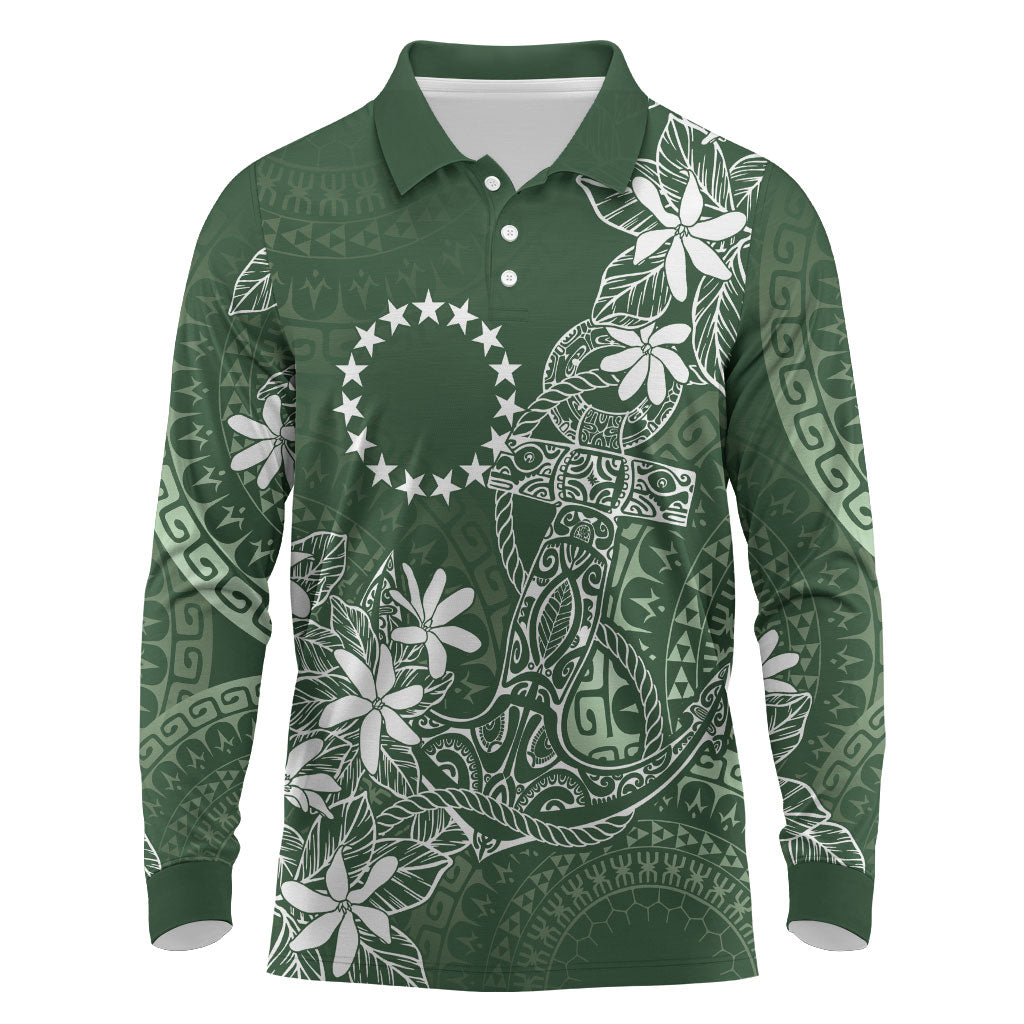 Sage Green Kuki Airani Tapakau Long Sleeve Polo Shirt Tribal Anchor Mix Tiare