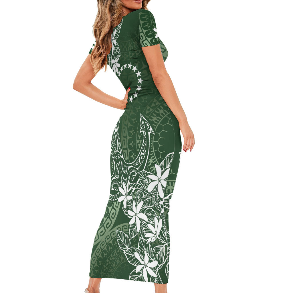 Sage Green Kuki Airani Tapakau Short Sleeve Bodycon Dress Tribal Anchor Mix Tiare LT7 - Polynesian Pride