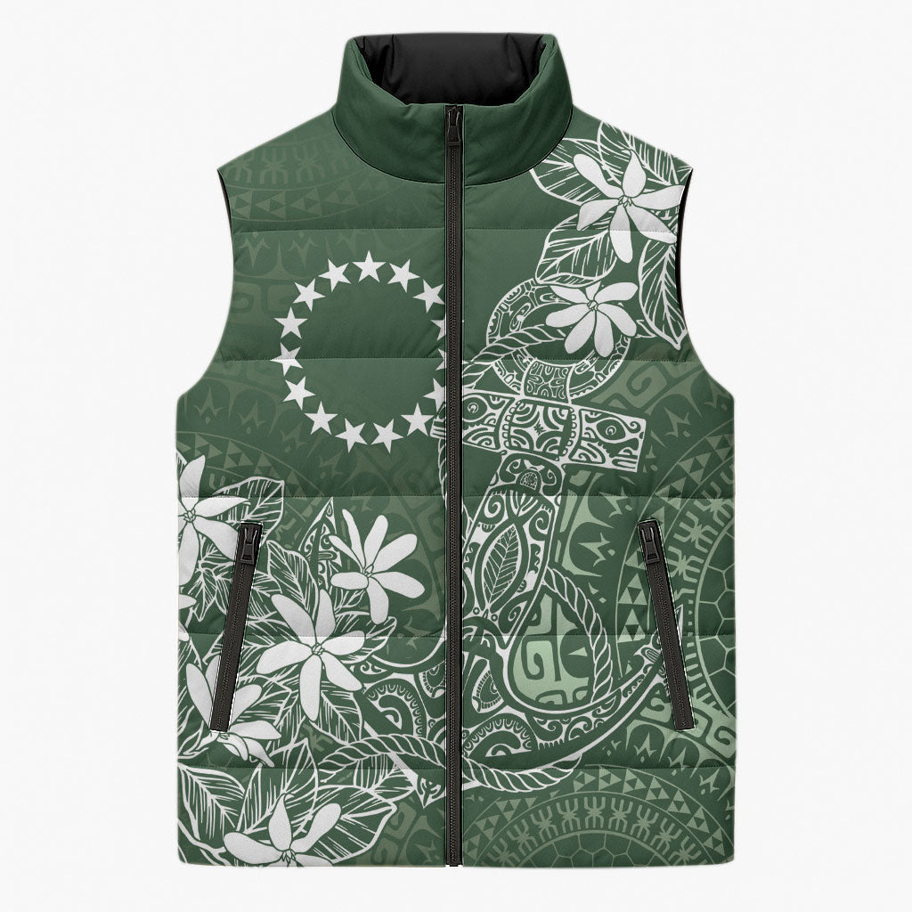 Sage Green Kuki Airani Tapakau Sleeveless Puffer Jacket Tribal Anchor Mix Tiare
