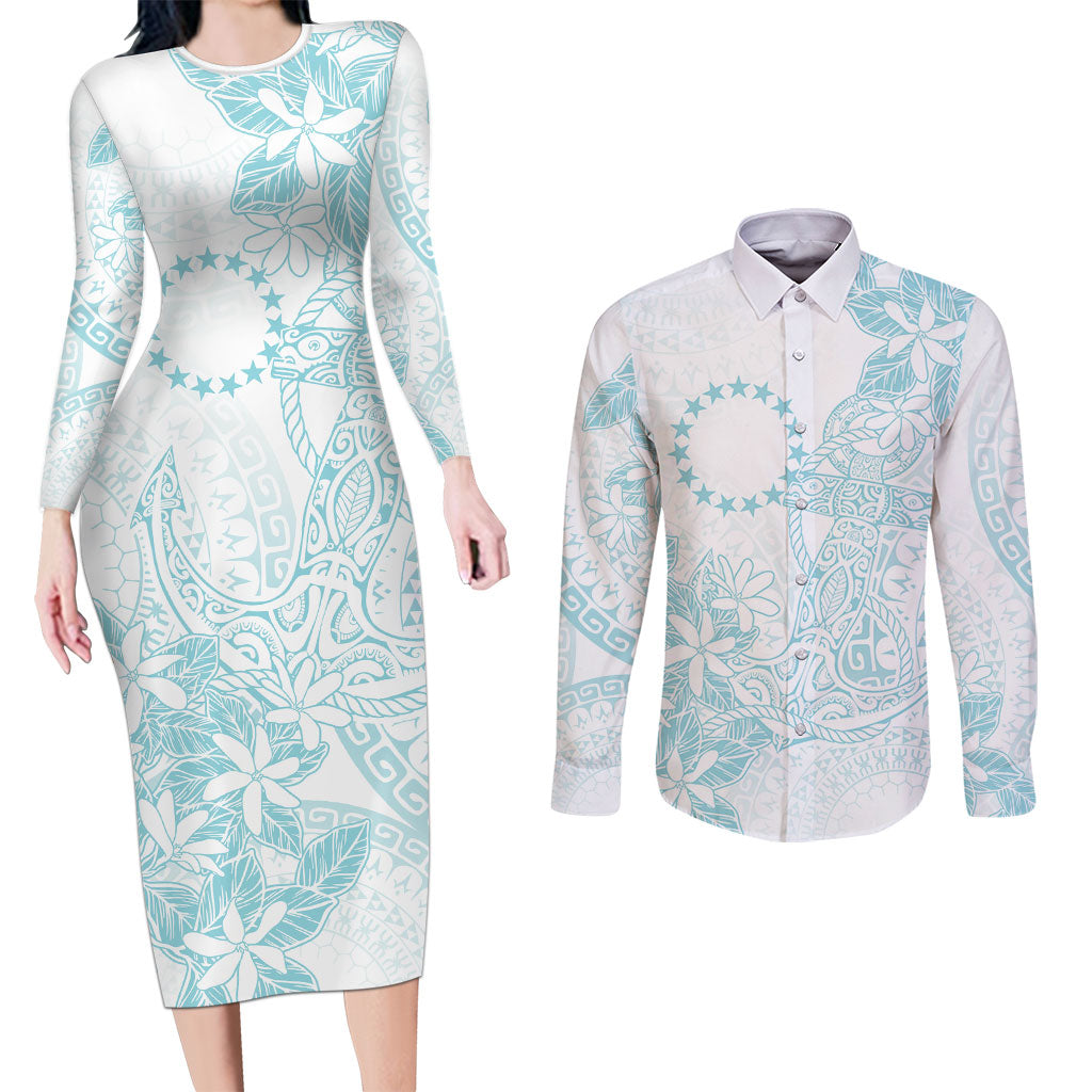Turquoise Kuki Airani Tapakau Couples Matching Long Sleeve Bodycon Dress and Long Sleeve Button Shirt Tribal Anchor Mix Tiare LT7 Turquoise - Polynesian Pride