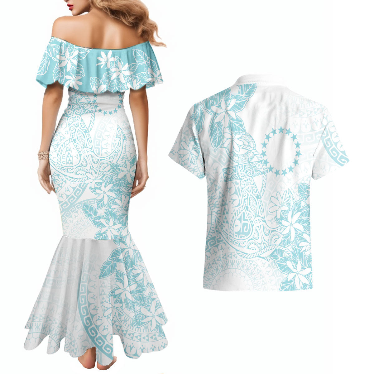 Turquoise Kuki Airani Tapakau Couples Matching Mermaid Dress and Hawaiian Shirt Tribal Anchor Mix Tiare LT7 - Polynesian Pride