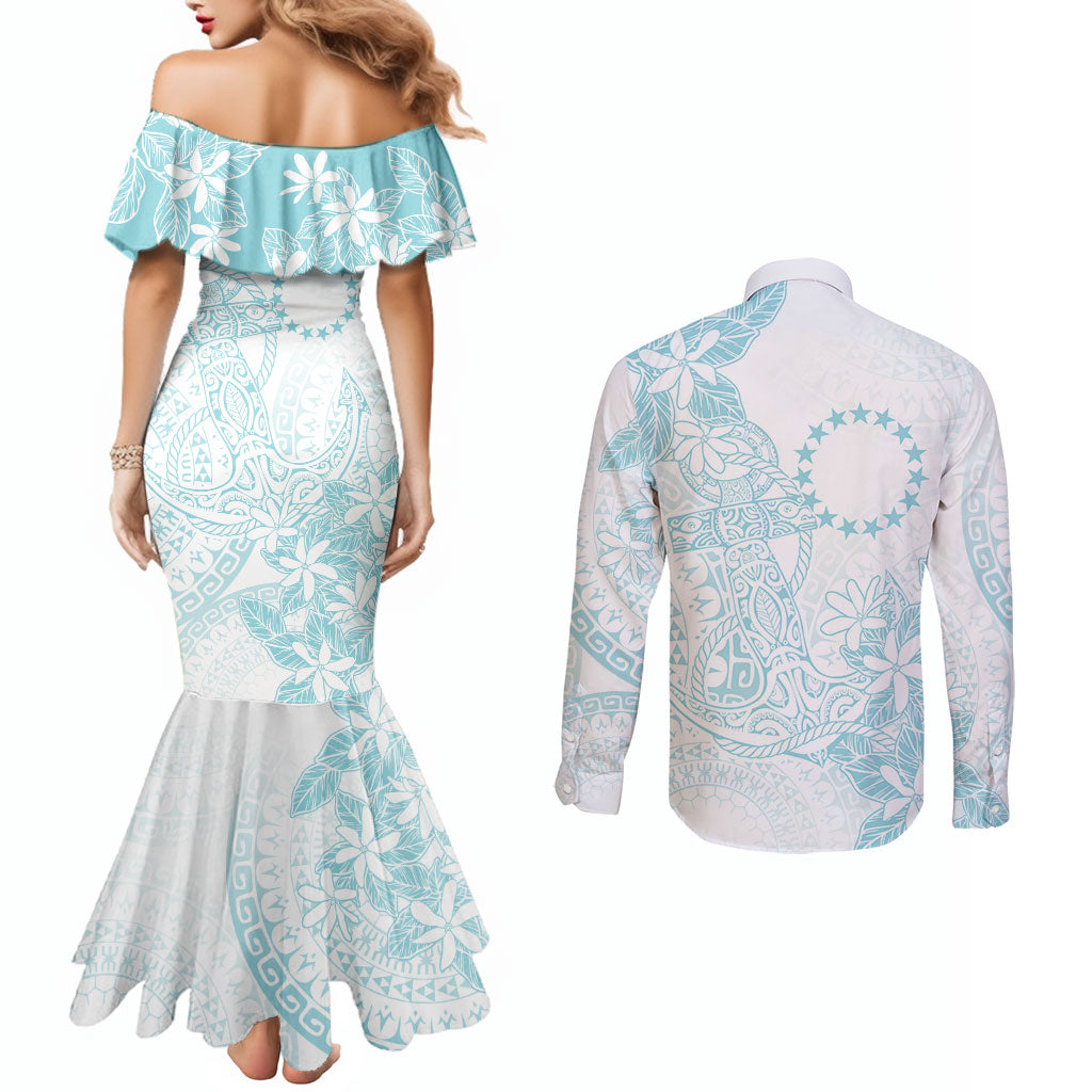 Turquoise Kuki Airani Tapakau Couples Matching Mermaid Dress and Long Sleeve Button Shirt Tribal Anchor Mix Tiare LT7 - Polynesian Pride