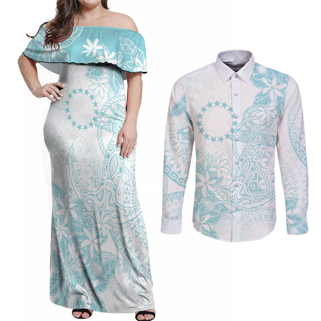 Turquoise Kuki Airani Tapakau Couples Matching Off Shoulder Maxi Dress and Long Sleeve Button Shirt Tribal Anchor Mix Tiare LT7 Turquoise - Polynesian Pride